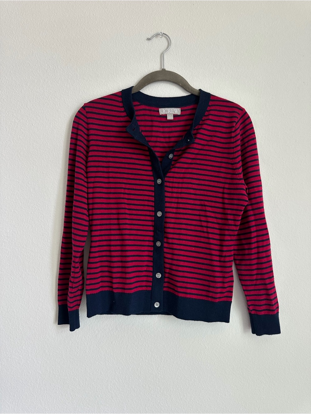 J. Crew Pink and Navy Striped Button-Up Cardigan